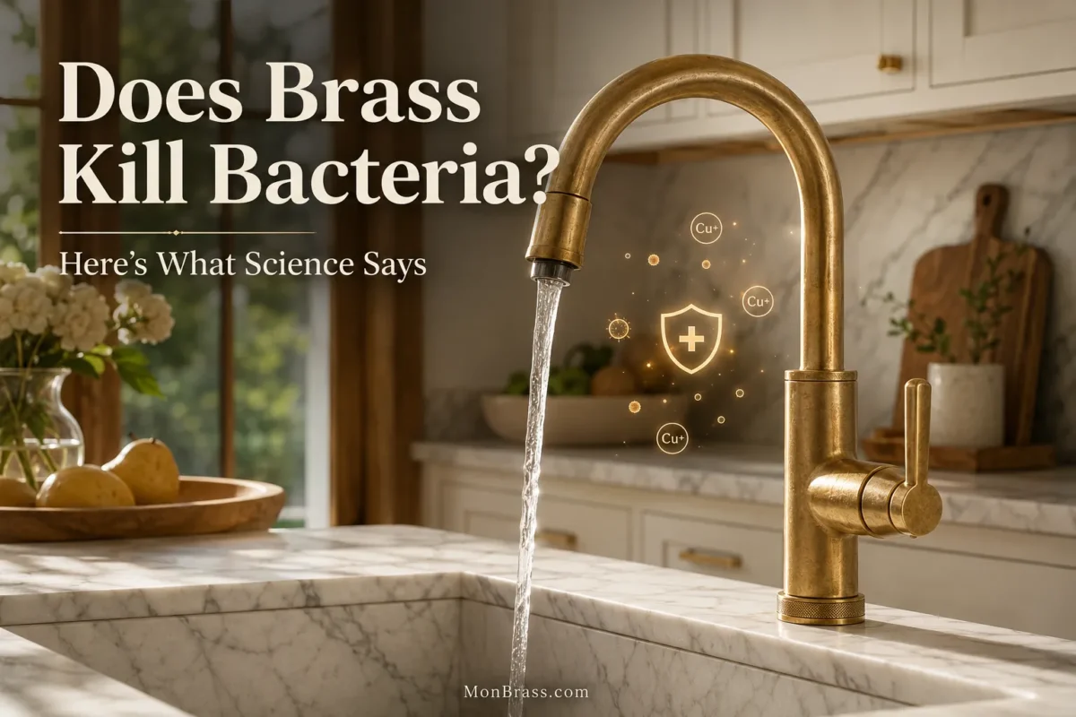 Unlacquered brass kitchen faucet with running water and antimicrobial shield illustration, explaining how brass naturally helps reduce bacteria on frequently touched surfaces.