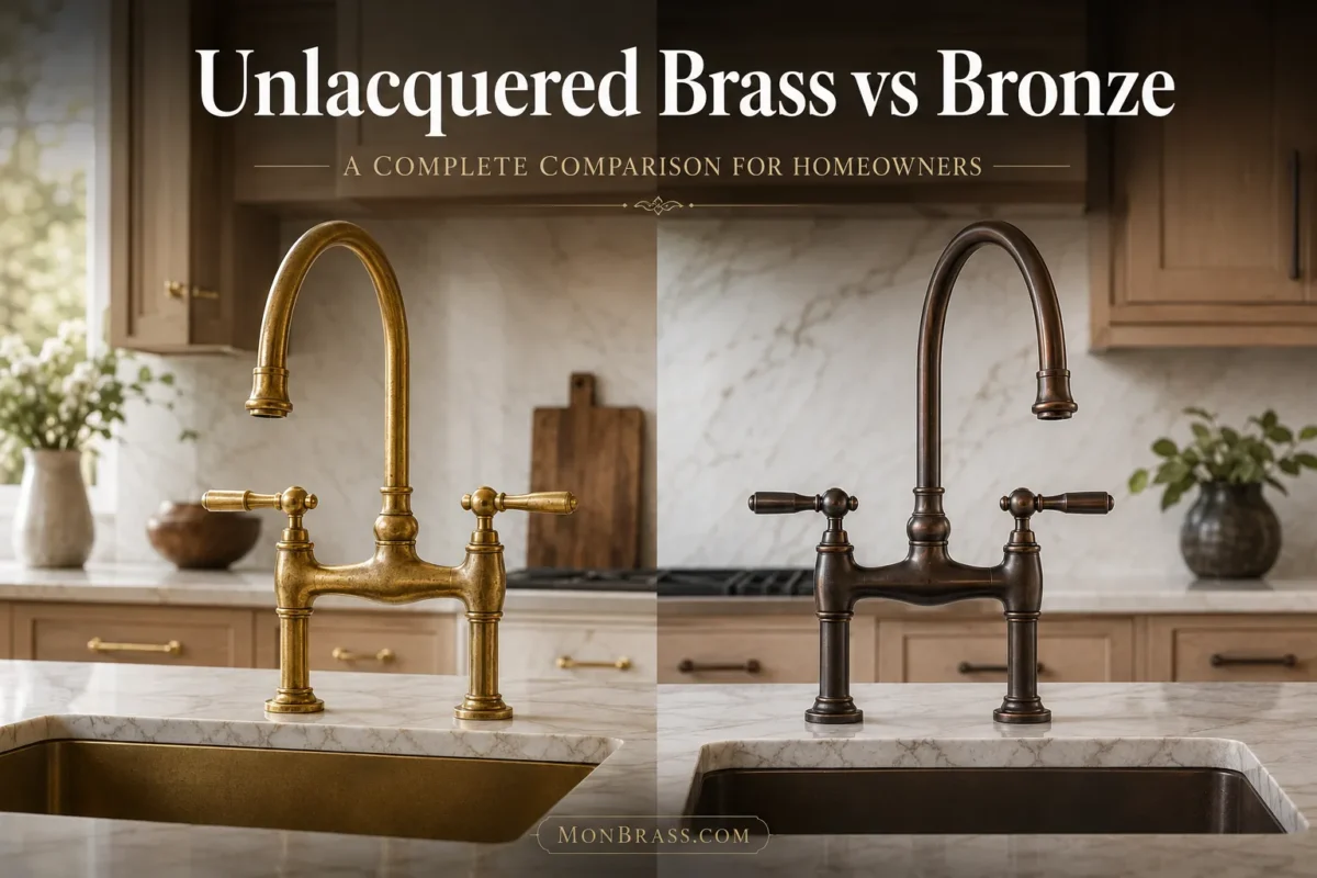 Side-by-side comparison of unlacquered brass and bronze kitchen faucets showing differences in color, finish, and overall appearance.