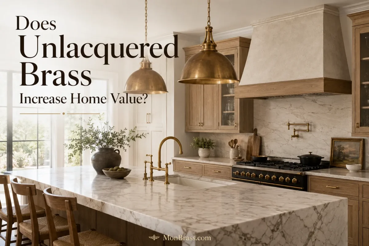 Luxury kitchen featuring unlacquered brass faucet, pendant lights, pot filler, and hardware with marble countertops and warm wood cabinetry illustrating how unlacquered brass can increase perceived home value.