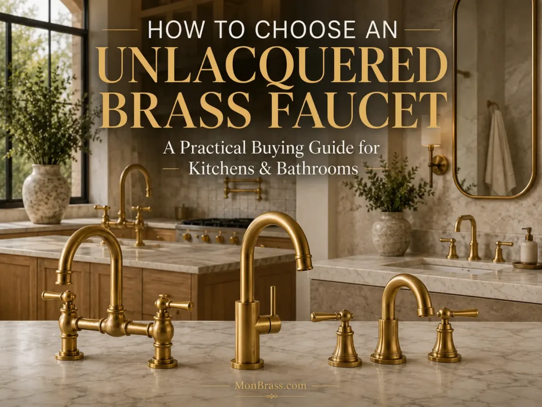 Collection of unlacquered brass faucet styles for kitchens and bathrooms, including bridge, single-hole, and widespread faucets in a luxury interior buying guide.