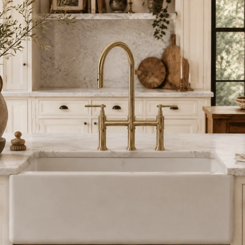 Le Trocadéro – Unlacquered Brass Bridge Kitchen Faucet with Pull-Down Sprayer