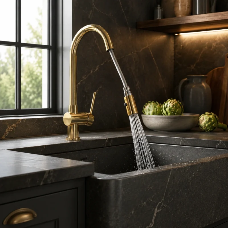 L’Opéra – Unlacquered Brass Single-Hole Kitchen Faucet with Pull-Down Sprayer