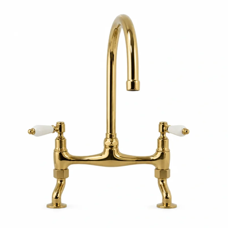 Alternative view of Le Vendôme – Unlacquered Brass Bridge Kitchen Faucet with Porcelain Handles