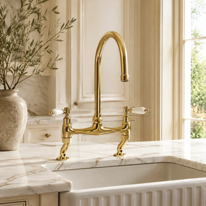 Le Vendôme – Unlacquered Brass Bridge Kitchen Faucet with Porcelain Handles