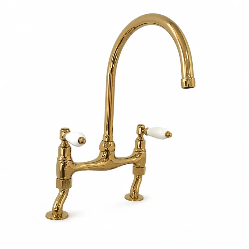 Le Vendôme – Unlacquered Brass Bridge Kitchen Faucet with Porcelain Handles
