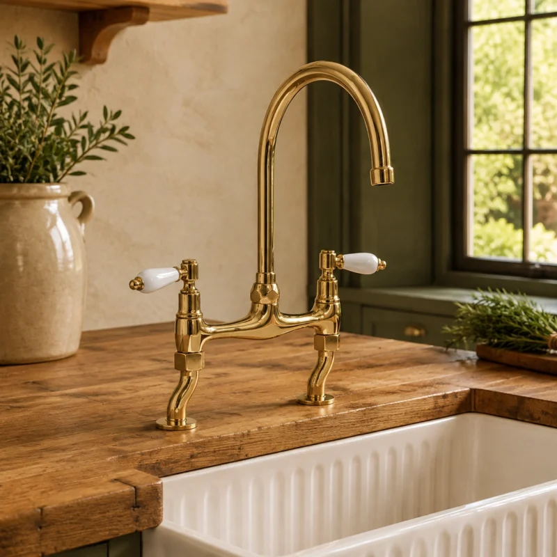 Le Vendôme – Unlacquered Brass Bridge Kitchen Faucet with Porcelain Handles