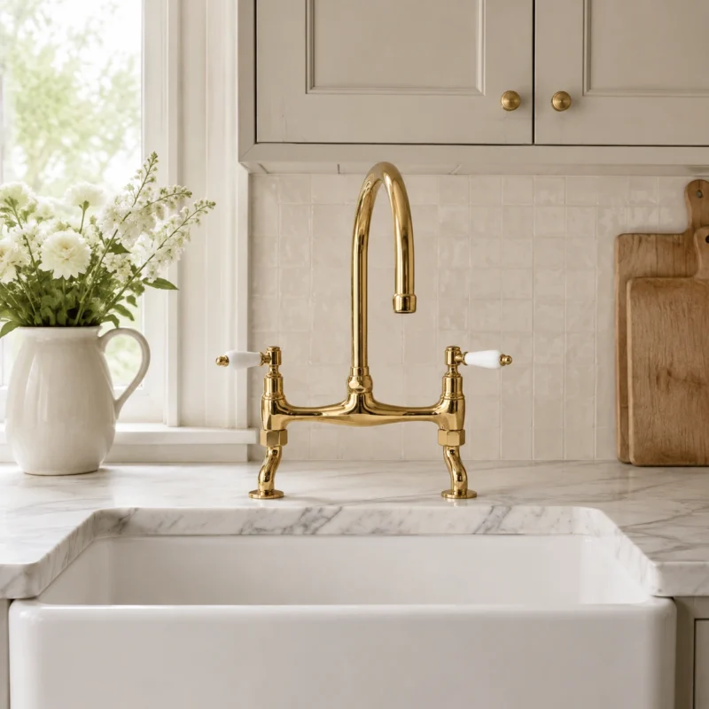 Le Vendôme – Unlacquered Brass Bridge Kitchen Faucet with Porcelain Handles