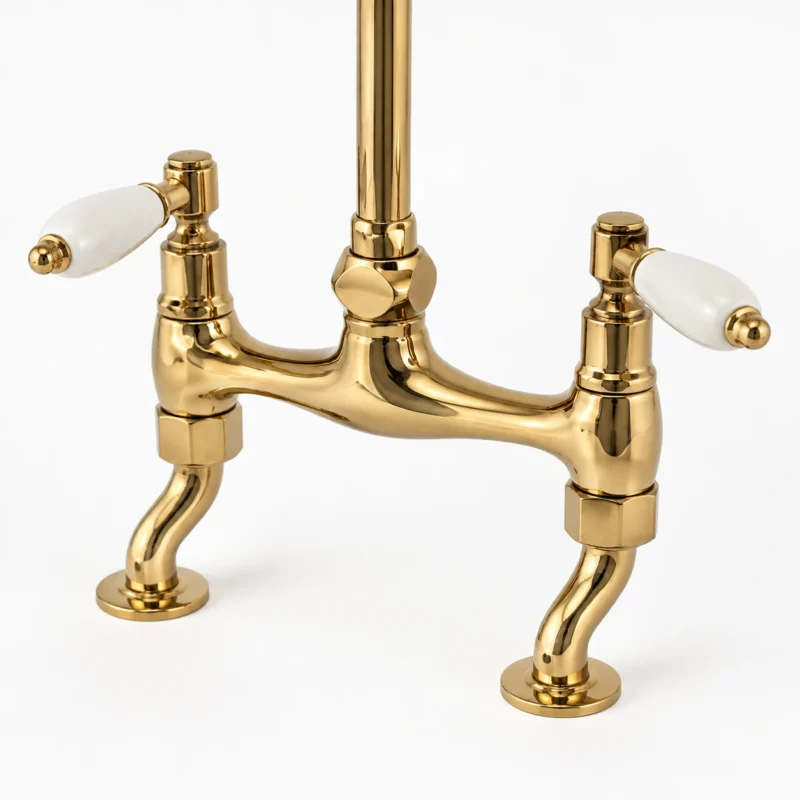Le Vendôme – Unlacquered Brass Bridge Kitchen Faucet with Porcelain Handles