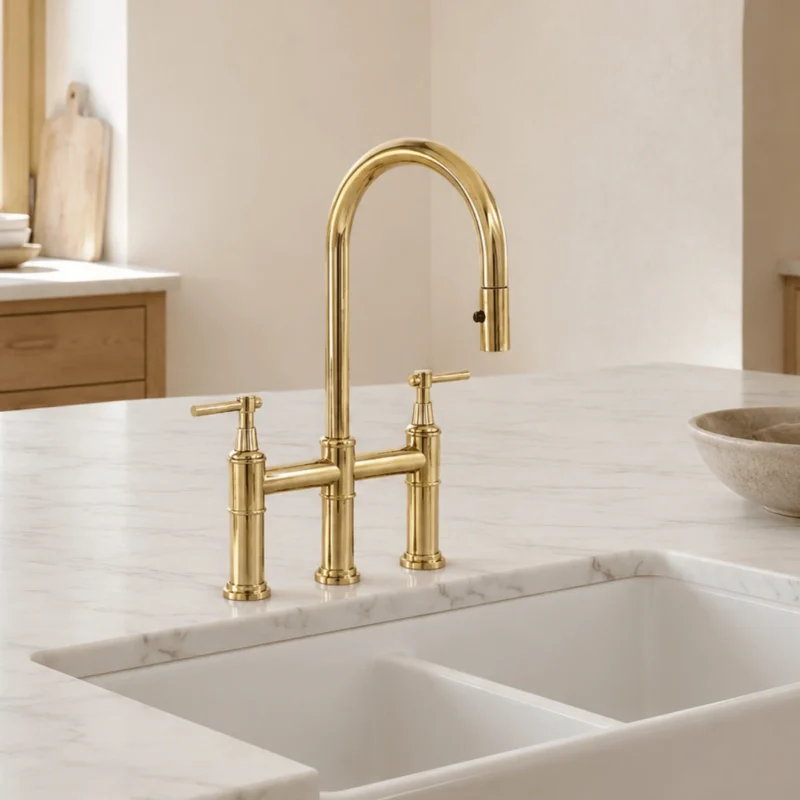 Alternative view of Le Trocadéro – Unlacquered Brass Bridge Kitchen Faucet with Pull-Down Sprayer