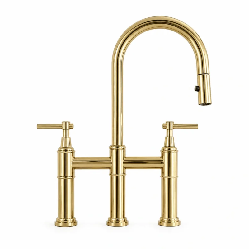 Le Trocadéro – Unlacquered Brass Bridge Kitchen Faucet with Pull-Down Sprayer