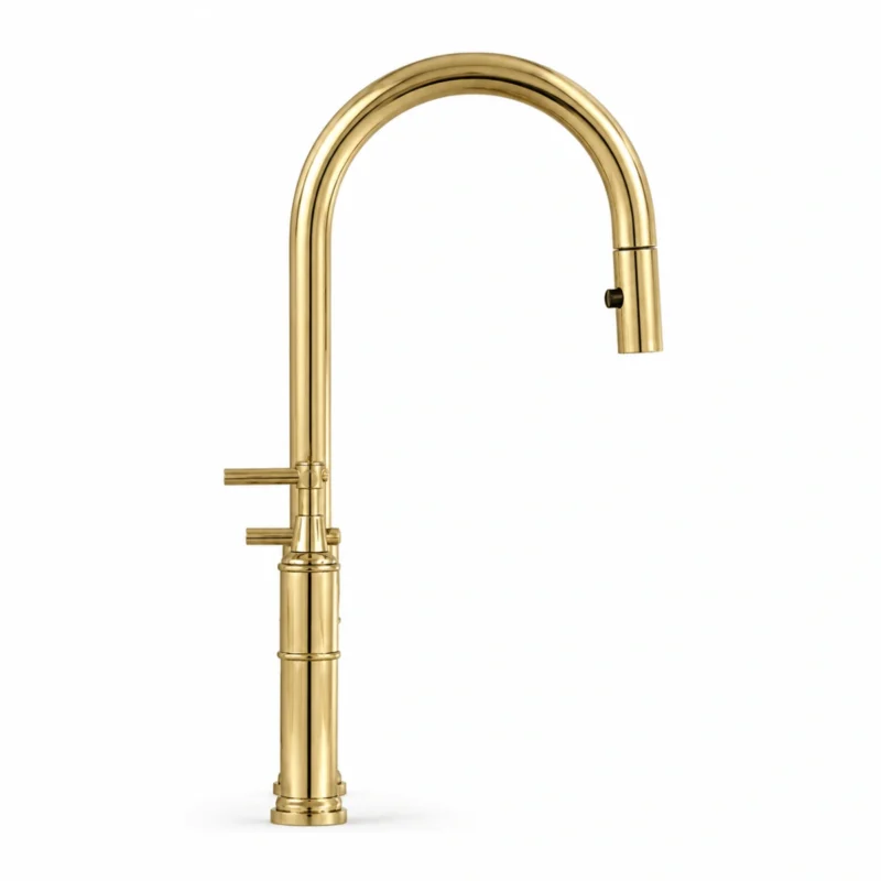 Le Trocadéro – Unlacquered Brass Bridge Kitchen Faucet with Pull-Down Sprayer