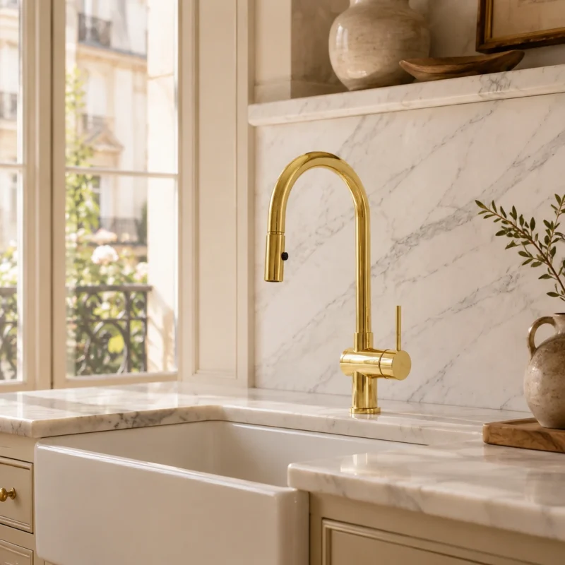 L’Opéra – Unlacquered Brass Single-Hole Kitchen Faucet with Pull-Down Sprayer