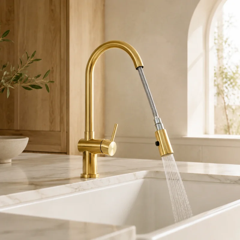 L’Opéra – Unlacquered Brass Single-Hole Kitchen Faucet with Pull-Down Sprayer