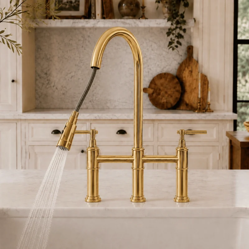 Le Trocadéro – Unlacquered Brass Bridge Kitchen Faucet with Pull-Down Sprayer